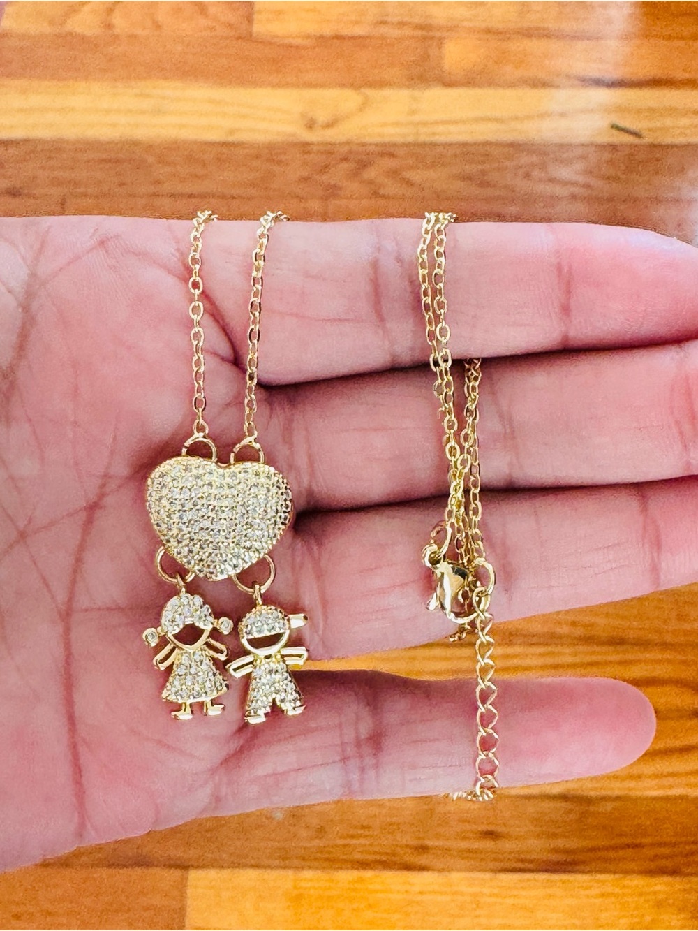 18K Gold Plated Heart Pendant Necklace with Boy and Girl Charms. New